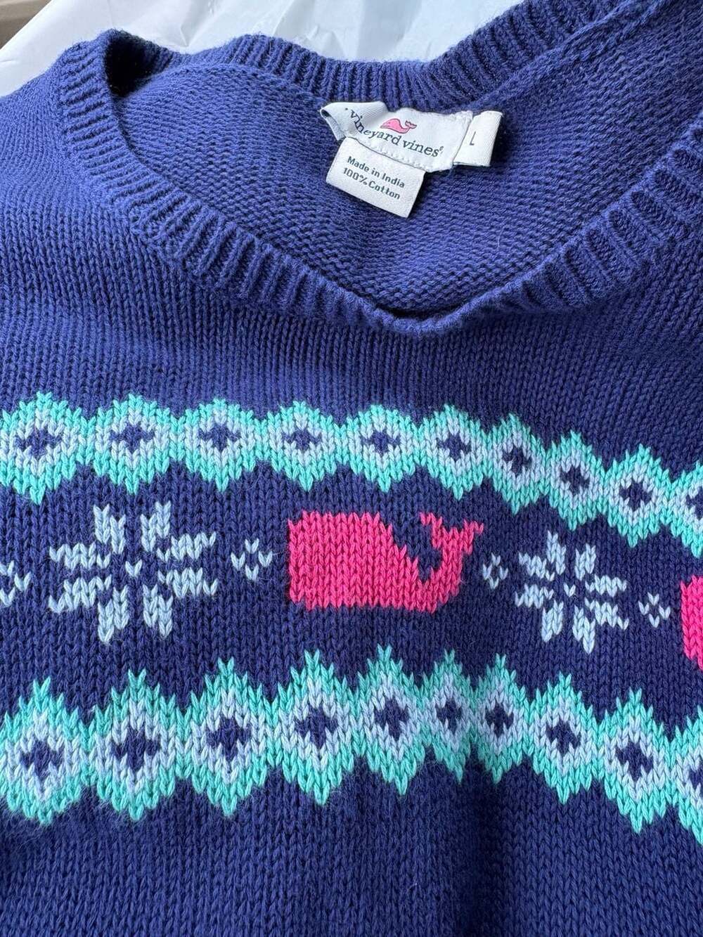 Vineyard Vines Fair Isle Whale Snowflake Cotton Sweater Size L - Picture 4 of 4